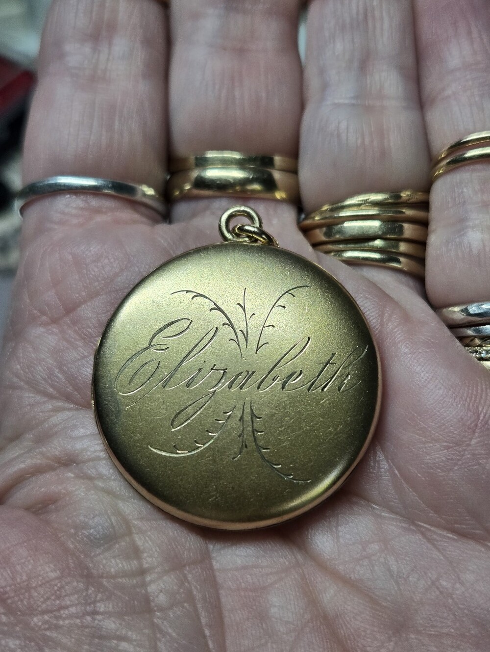 Victorian Gold Filled Engraved 'Elizabeth' Round Locket Pendant - Women Jewelry